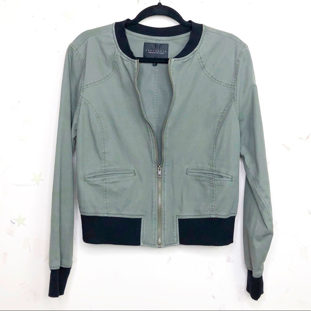 SANCTUARY olive green and black Front zipper bomber jacket